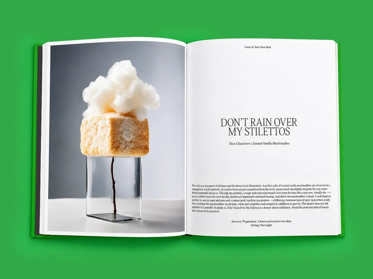 Open book: Dessert photograph and accompanying text